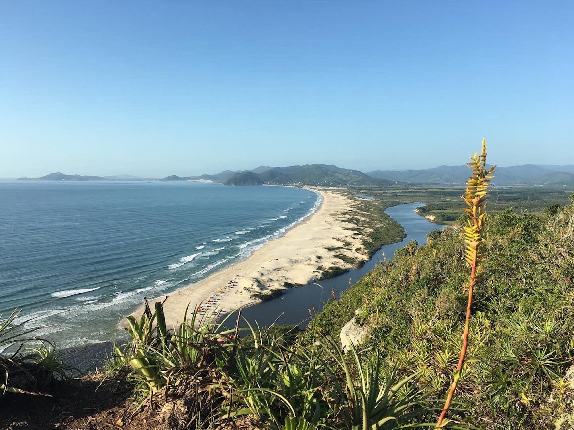 Rochas avermelhadas à beira-mar sob céu azul